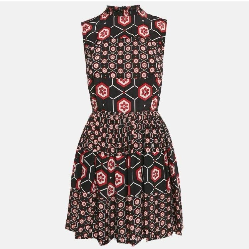 Sandro Paris Honeycomb Print 100% Silk Mock Neck Sleeveless Mini Dress Sz 2